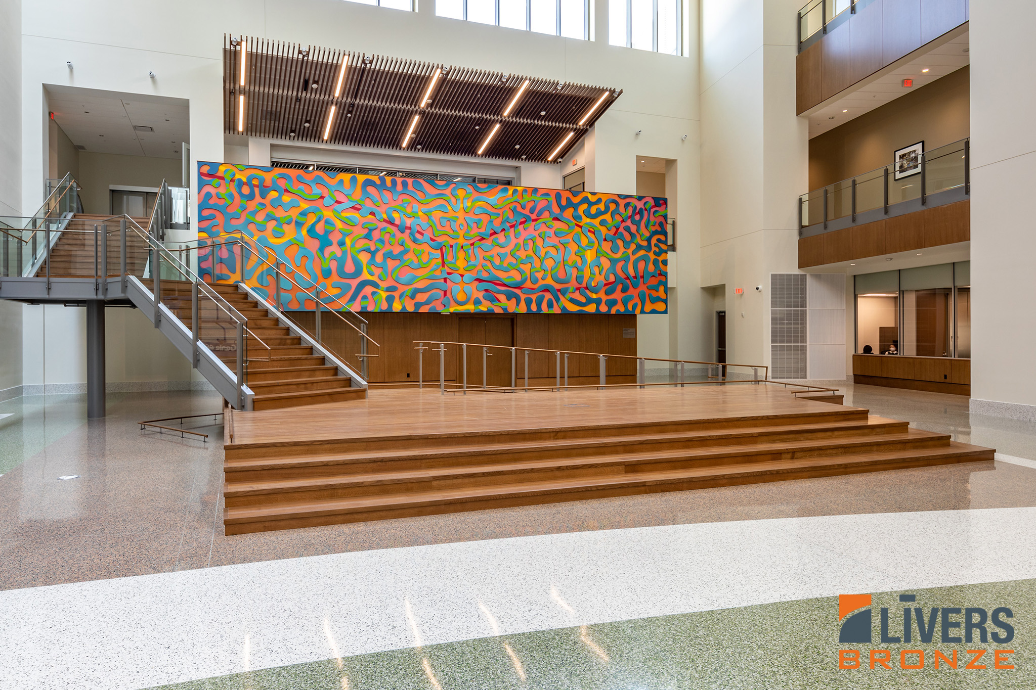 Livers Bronze Belmont Powder Coated Steel Railings were installed at the Lobby Stair and Interior Ramp at the US Court House in San Antonio Texas and were made in the USA