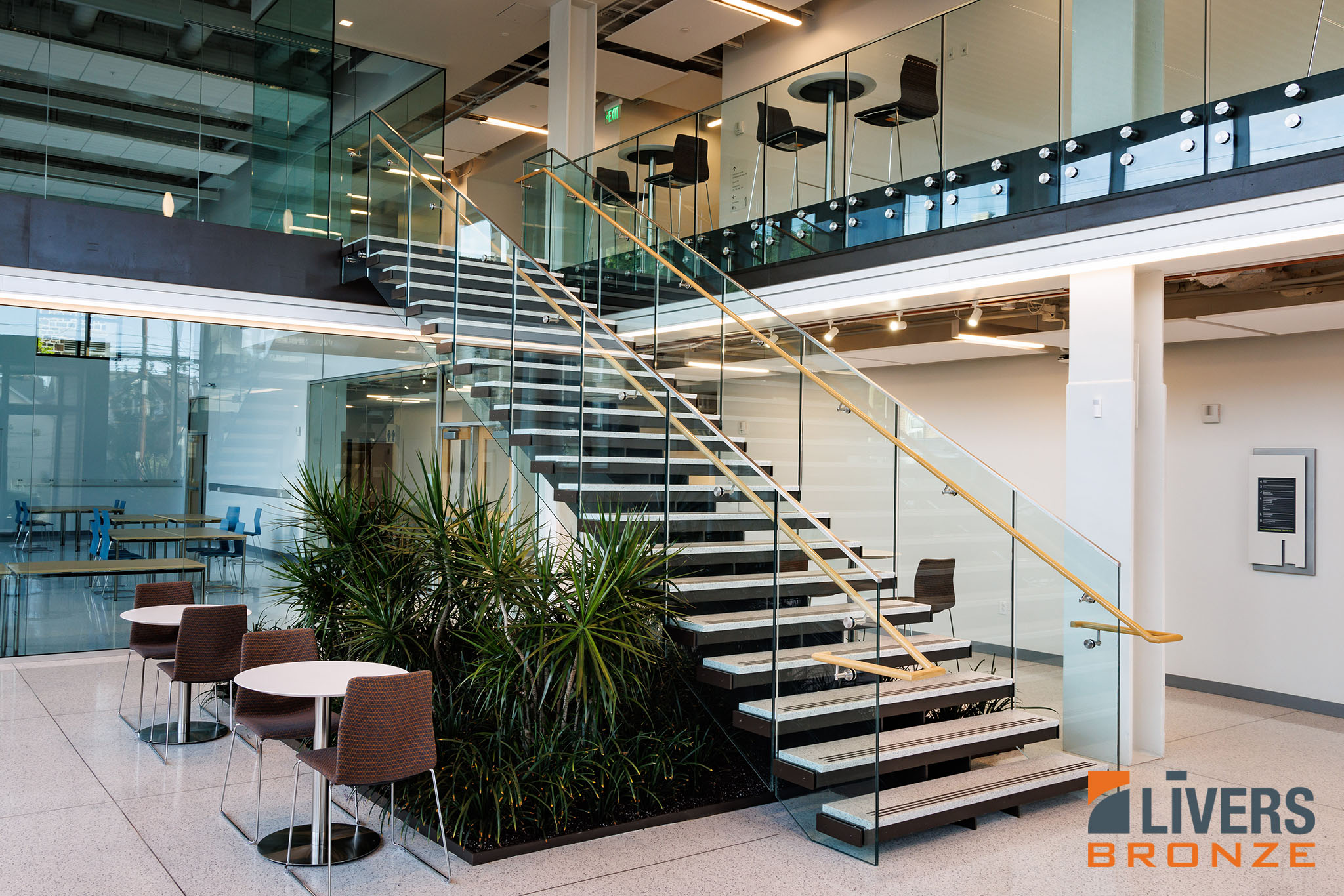 Livers Bronze Button Glass Railing System was installed at the lobby stairway at Lehigh University's Health, Science & Technology Building and is Made in the USA.