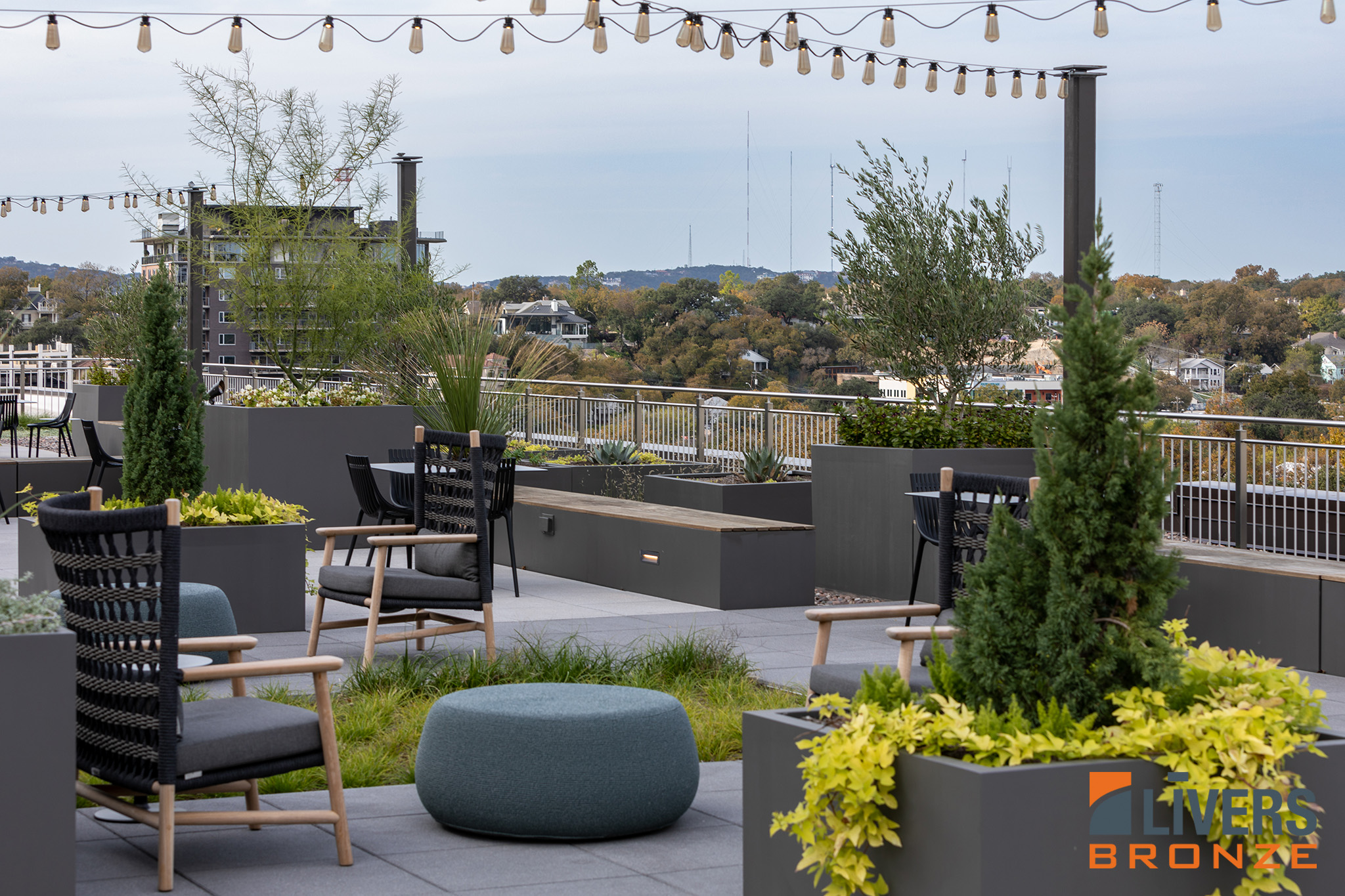 Livers Bronze Mirage with Stainless Steel Picket Railings were installed on the Rooftop deck at an office building in Austin, Texas, and were made in the USA.