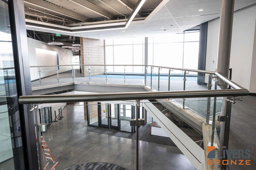 Livers Bronze Belmont Stainless Steel Railings were installed at the Collaboration Stair and Interior Balcony at the new Student Life Center at Des Moines Area Community College and were Made in the USA.