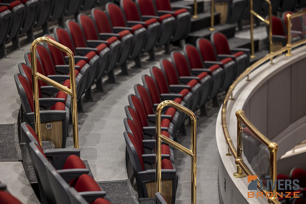 Livers Bronze Traditional Polished Custom Brass railings were installed at the auditorium at East High School in Des Moines, Iowa, and were Made in the USA.