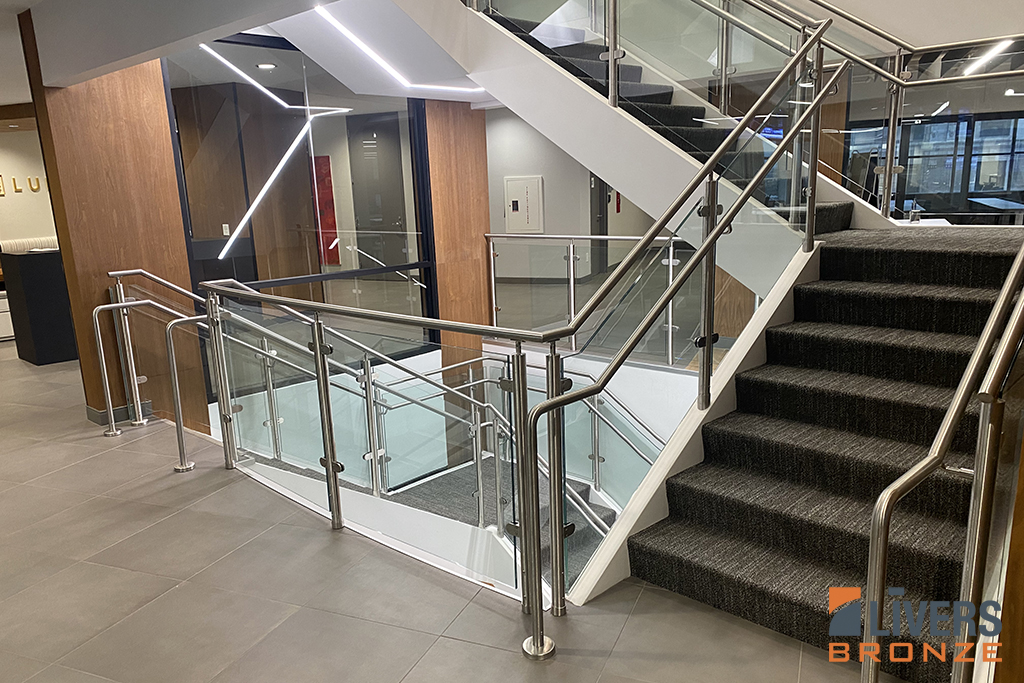 Livers Bronze Mirage glass railings were installed in the interior stairways at the headquarters office for Ohio Rural Electric Cooperatives, Columbus, Ohio, and were Made in the USA.
