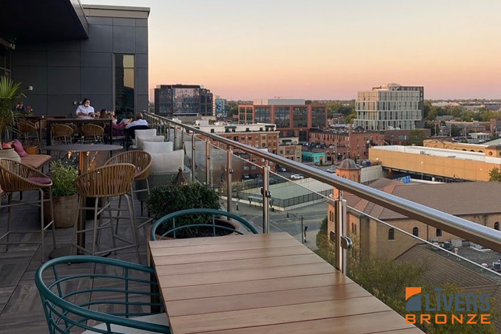 Livers Bronze Mirage glass railings with LED lighting were installed at the rooftop deck at the AC Marriott Hotel, Columbus, Ohio, and were Made in the USA.