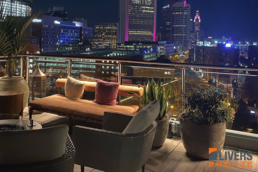 Livers Bronze Mirage glass railings with LED lighting were installed at the rooftop deck at the AC Marriott Hotel, Columbus, Ohio, and were Made in the USA.