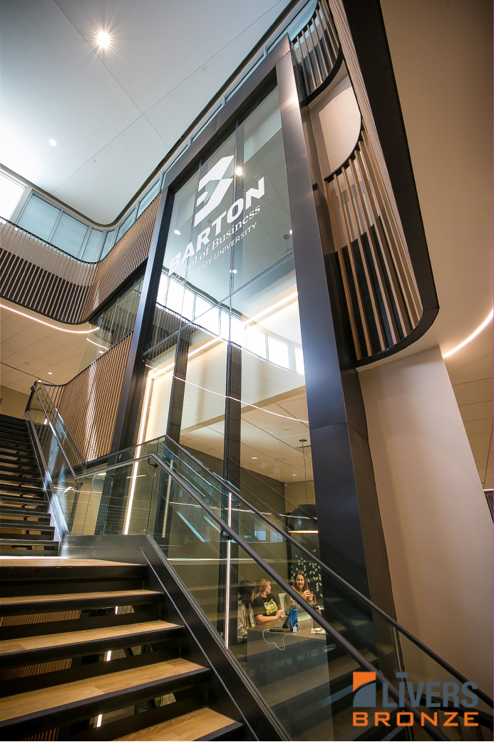 Livers Bronze glass railings were installed at the stairways and the outdoor roof terrace at the Wichita State University W. Frank Barton School of Business and were Made in the USA.