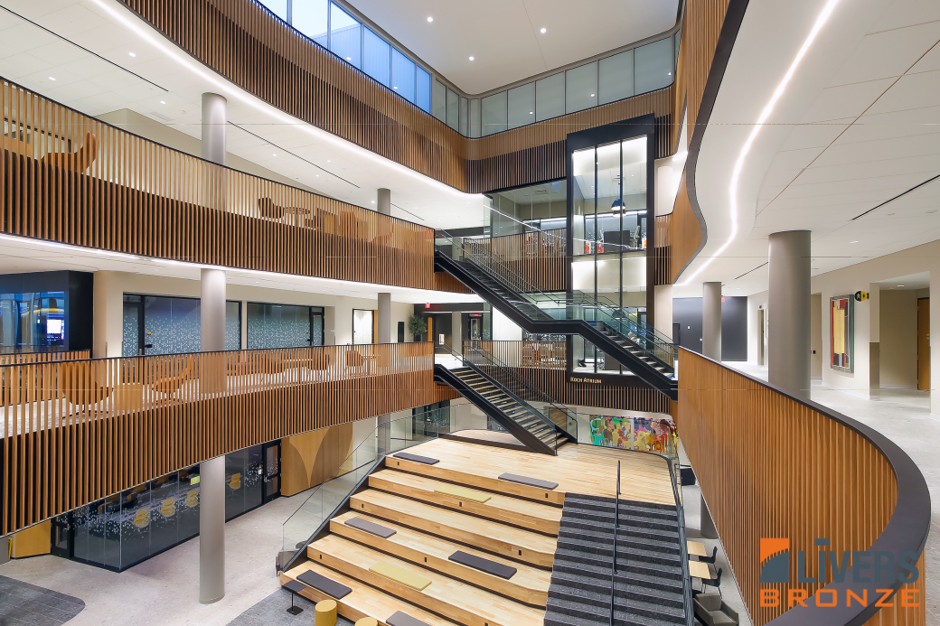 Livers Bronze glass railings were installed at the stairways and the outdoor roof terrace at the Wichita State University W. Frank Barton School of Business and were Made in the USA.