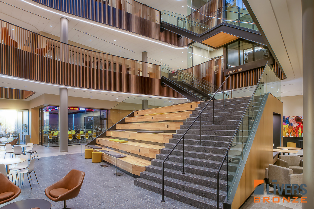 Livers Bronze glass railings were installed at the stairways and the outdoor roof terrace at the Wichita State University W. Frank Barton School of Business and were Made in the USA.